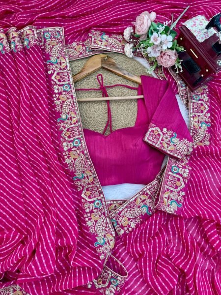 Rani Pink Bandhani Print Faux Georgette Saree with Sequin Embroidery For Festival Georgette Sarees Wholesale