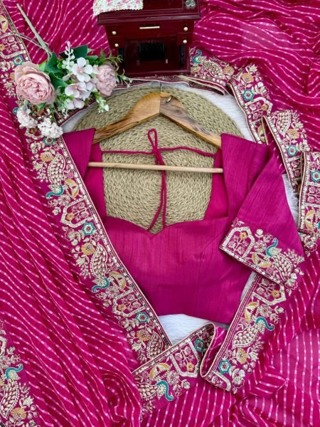Rani Pink Bandhani Print Faux Georgette Saree with Sequin Embroidery For Festival Georgette Sarees Wholesale