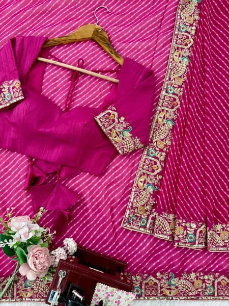 Rani Pink Bandhani Print Faux Georgette Saree with Sequin Embroidery For Festival Georgette Sarees Wholesale