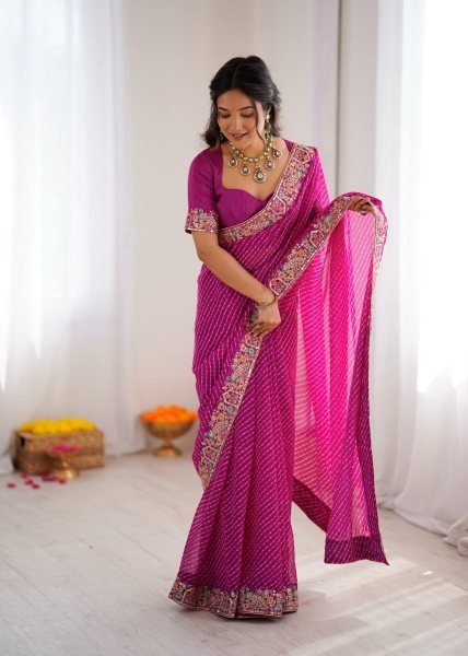 Rani Pink Bandhani Print Faux Georgette Saree with Sequin Embroidery For Festival Georgette Sarees Wholesale