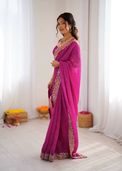 Rani Pink Bandhani Print Faux Georgette Saree with Sequin Embroidery For Festival Georgette Sarees Wholesale