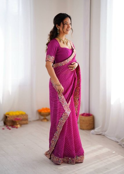 Rani Pink Bandhani Print Faux Georgette Saree with Sequin Embroidery For Festival Georgette Sarees Wholesale