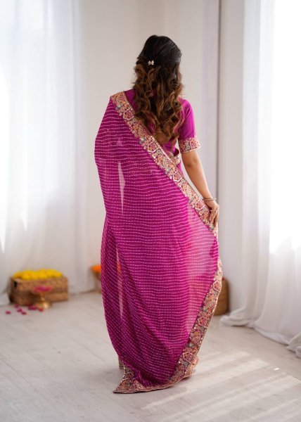 Rani Pink Bandhani Print Faux Georgette Saree with Sequin Embroidery For Festival Georgette Sarees Wholesale
