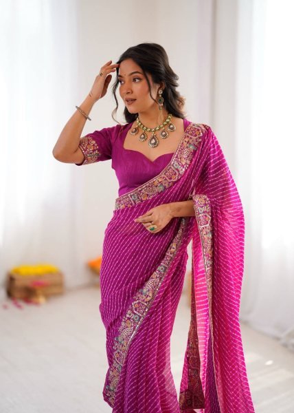 Rani Pink Bandhani Print Faux Georgette Saree with Sequin Embroidery For Festival Georgette Sarees Wholesale