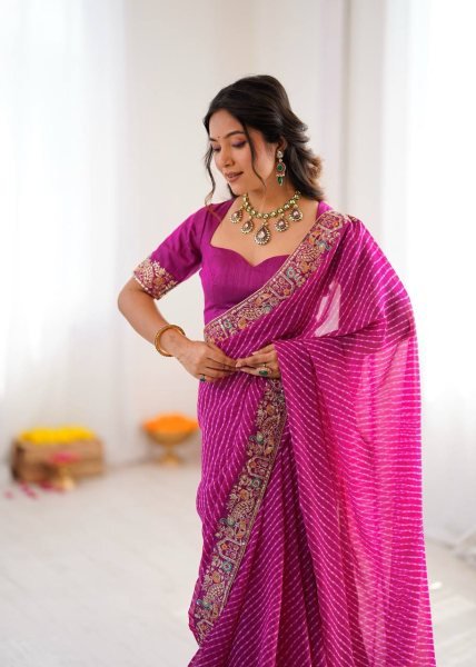 Rani Pink Bandhani Print Faux Georgette Saree with Sequin Embroidery For Festival Georgette Sarees Wholesale