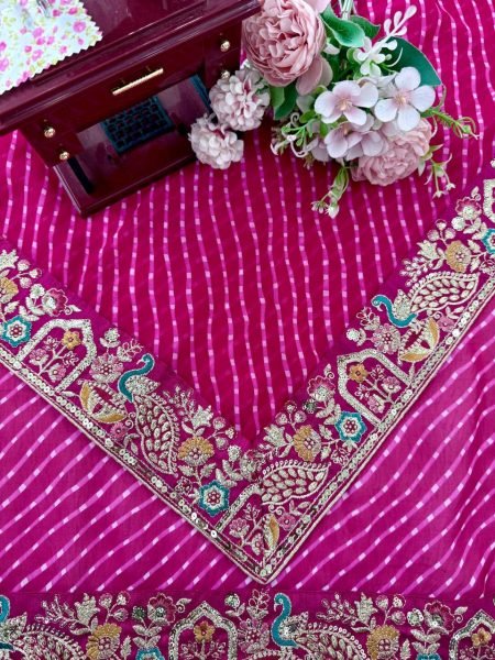 Rani Pink Bandhani Print Faux Georgette Saree with Sequin Embroidery For Festival Georgette Sarees Wholesale