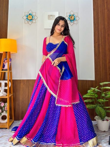Rani Pink Blue Heavy Faux Georgette Bandhej Print Lehenga Choli with Lace Work at Wholesale Navratri Lehnega Choli