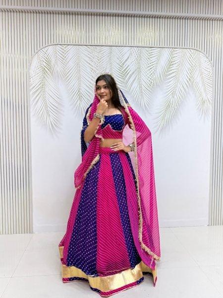 Rani Pink Blue Heavy Faux Georgette Bandhej Print Lehenga Choli with Lace Work at Wholesale Navratri Lehnega Choli