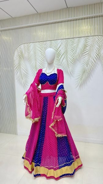 Rani Pink Blue Heavy Faux Georgette Bandhej Print Lehenga Choli with Lace Work at Wholesale Navratri Lehnega Choli