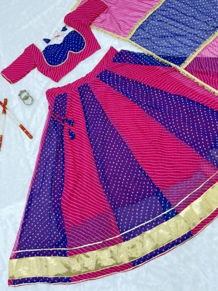Rani Pink Blue Heavy Faux Georgette Bandhej Print Lehenga Choli with Lace Work at Wholesale Navratri Lehnega Choli