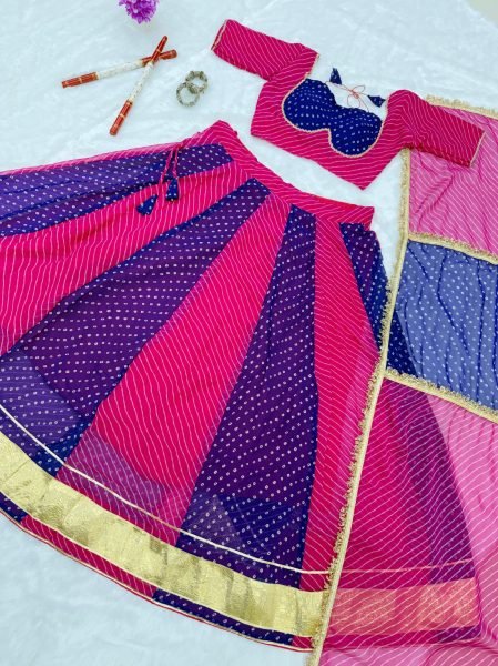 Rani Pink Blue Heavy Faux Georgette Bandhej Print Lehenga Choli with Lace Work at Wholesale Navratri Lehnega Choli