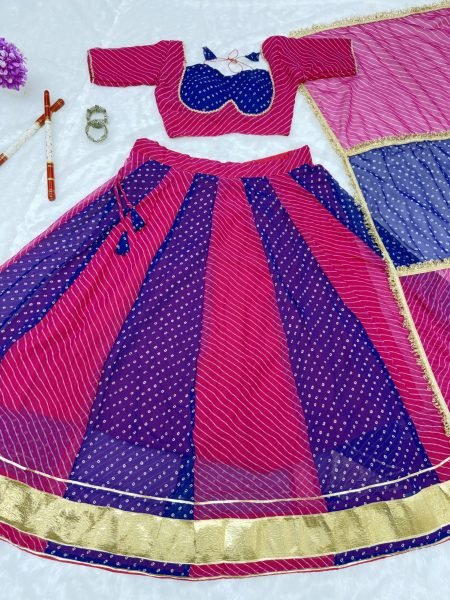 Rani Pink Blue Heavy Faux Georgette Bandhej Print Lehenga Choli with Lace Work at Wholesale Navratri Lehnega Choli