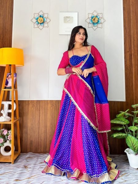 Rani Pink Blue Heavy Faux Georgette Bandhej Print Lehenga Choli with Lace Work at Wholesale Navratri Lehnega Choli