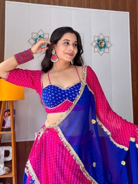 Rani Pink Blue Heavy Faux Georgette Bandhej Print Lehenga Choli with Lace Work at Wholesale Navratri Lehnega Choli