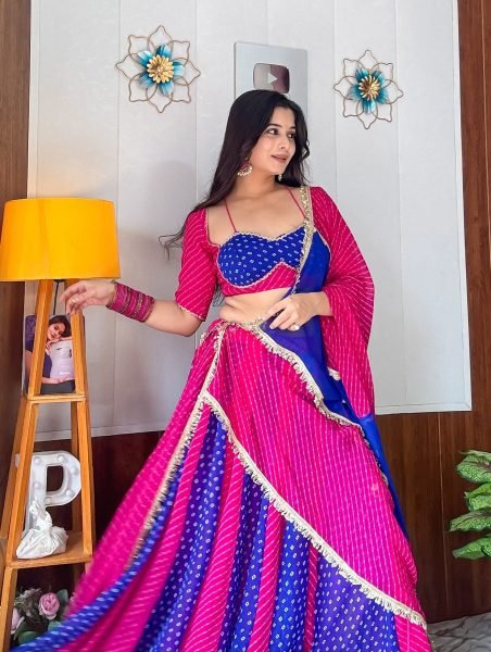 Rani Pink Blue Heavy Faux Georgette Bandhej Print Lehenga Choli with Lace Work at Wholesale Navratri Lehnega Choli