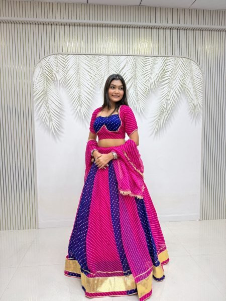 Rani Pink Blue Heavy Faux Georgette Bandhej Print Lehenga Choli with Lace Work at Wholesale Navratri Lehnega Choli