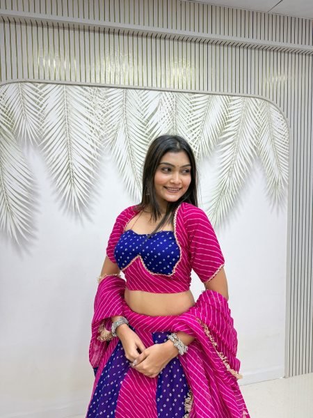 Rani Pink Blue Heavy Faux Georgette Bandhej Print Lehenga Choli with Lace Work at Wholesale Navratri Lehnega Choli