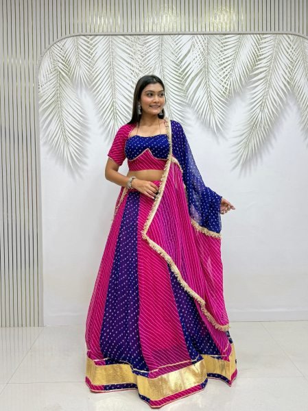 Rani Pink Blue Heavy Faux Georgette Bandhej Print Lehenga Choli with Lace Work at Wholesale Navratri Lehnega Choli
