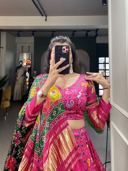 Rani Pink Color Digital Printed With Lagadi Patta Gaji Silk Lehenga Choli Navratri Lehnega Choli