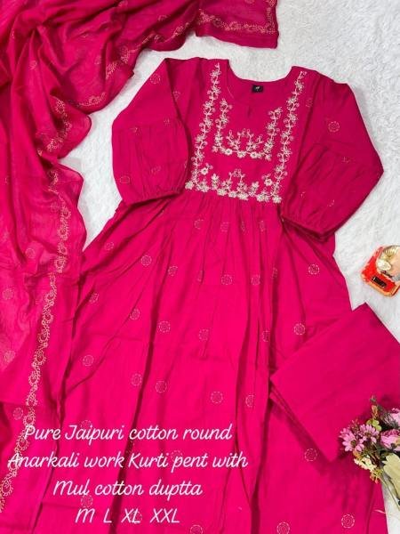 Rani Pink Color Jaipuri Cotton Anarkali Set for Women with Pitten Work at Manufacturer Rate Kurtis