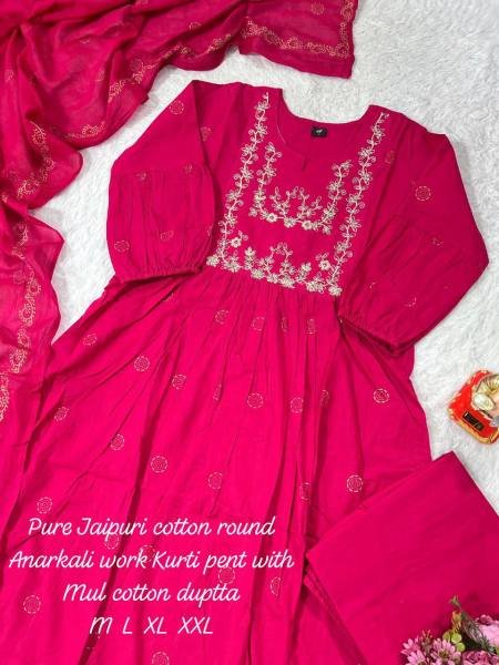 Rani Pink Color Jaipuri Cotton Anarkali Set for Women with Pitten Work at Manufacturer Rate Anarkali Kurtis 