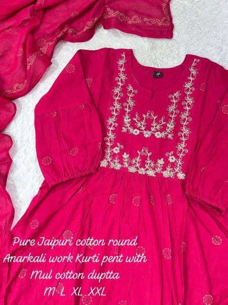Rani Pink Color Jaipuri Cotton Anarkali Set for Women with Pitten Work at Manufacturer Rate Anarkali Kurtis 