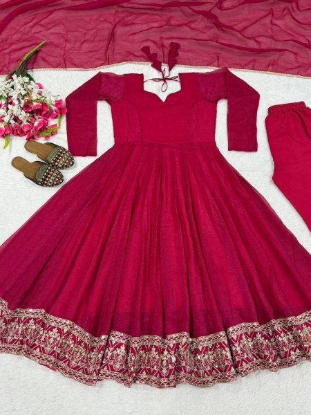 Magnetic Rani Pink Crunchy Silk Anarkali Set With For Side Lace Border In dupatta For Party Wear Ready To Wear Collection