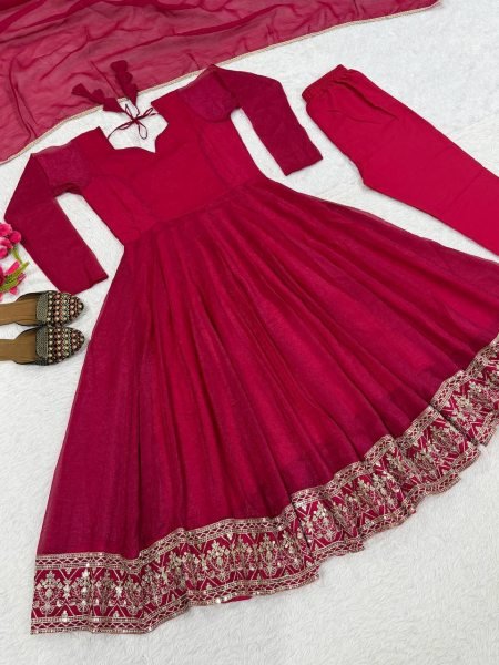 Magnetic Rani Pink Crunchy Silk Anarkali Set With For Side Lace Border In dupatta For Party Wear Ready To Wear Collection