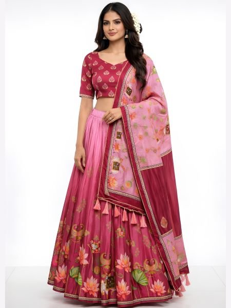 Rani Pink Designer Dola Silk Digital Printed Lehenga Set with Lace Dupatta For Party  Lehenga