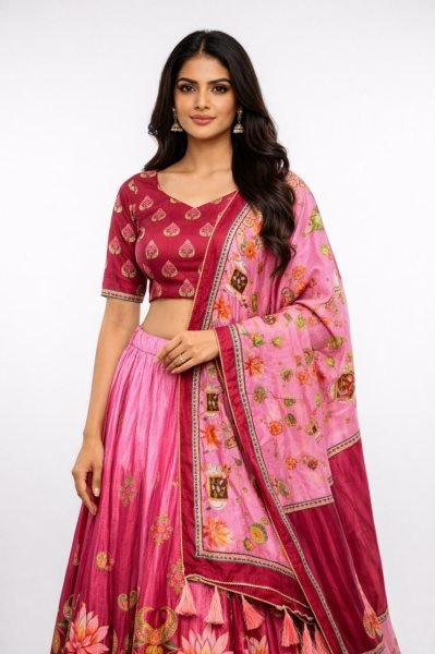 Rani Pink Designer Dola Silk Digital Printed Lehenga Set with Lace Dupatta For Party Designer Lehenga Choli