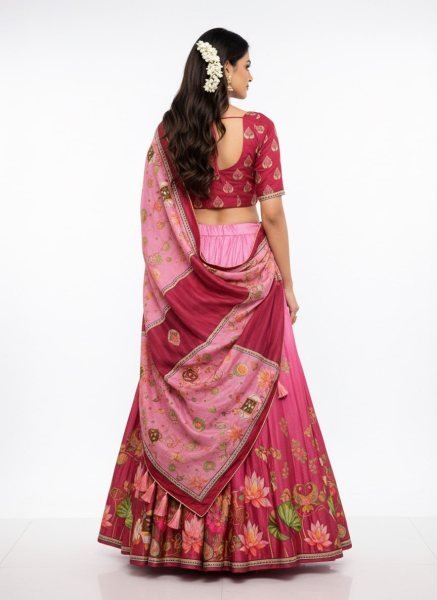 Rani Pink Designer Dola Silk Digital Printed Lehenga Set with Lace Dupatta For Party Designer Lehenga Choli