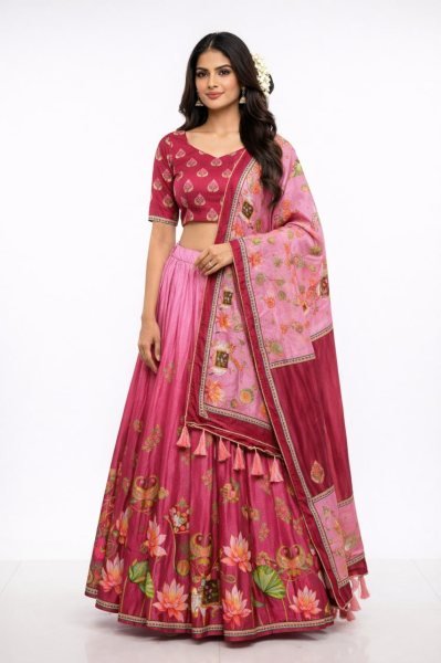Rani Pink Designer Dola Silk Digital Printed Lehenga Set with Lace Dupatta For Party Designer Lehenga Choli