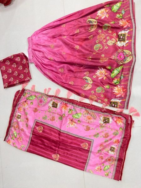 Rani Pink Designer Dola Silk Digital Printed Lehenga Set with Lace Dupatta For Party Designer Lehenga Choli