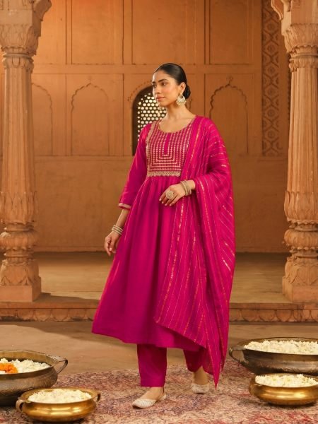 Rani Pink Designer Viscose Silk Kurti Set with Embroidery Work and Dupatta for Wedding Kurtis