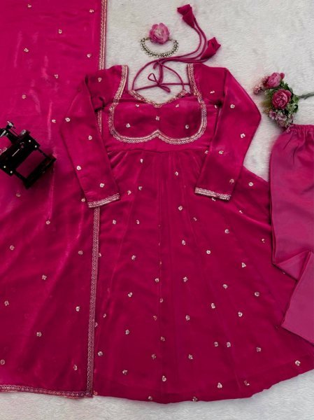 Rani Pink  Fendy Silk Kurti Set with Sequence Embroidery   Lace Dupatta Festive Ready Outfit Georgette Kurti 