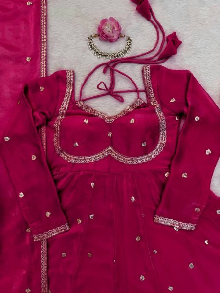 Rani Pink  Fendy Silk Kurti Set with Sequence Embroidery   Lace Dupatta Festive Ready Outfit Georgette Kurti 