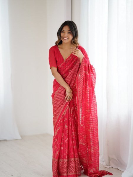 Rani Pink Georgette Saree with Golden Foil Work and Zalar Finish Perfect for Functions  Sarees 