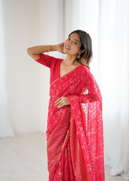 Rani Pink Georgette Saree with Golden Foil Work and Zalar Finish Perfect for Functions  Georgette Sarees Wholesale