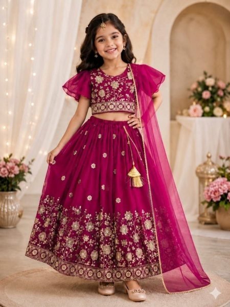 Rani Pink Girls Georgette Lehenga Choli with Embroidery and Bhungali Bits Work 