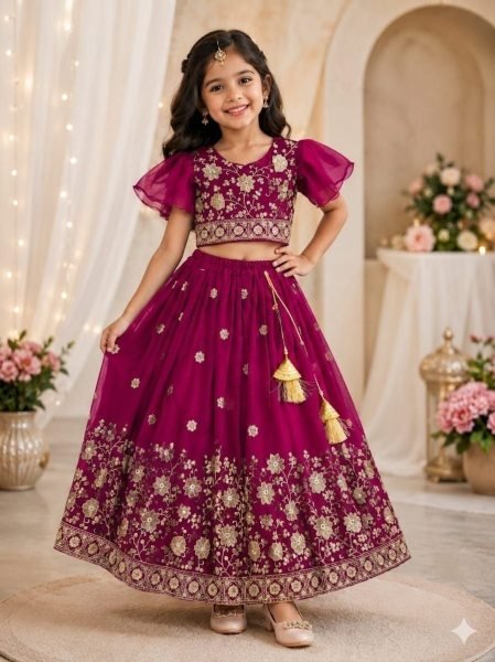 Rani Pink Girls Georgette Lehenga Choli with Embroidery and Bhungali Bits Work Girls Wear