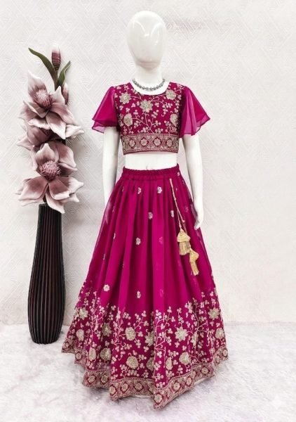 Rani Pink Girls Georgette Lehenga Choli with Embroidery and Bhungali Bits Work Girls Wear