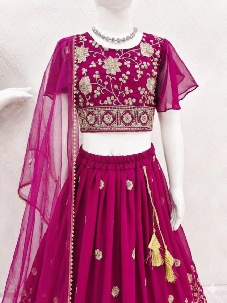 Rani Pink Girls Georgette Lehenga Choli with Embroidery and Bhungali Bits Work Girls Wear