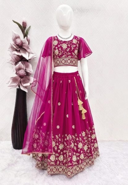 Rani Pink Girls Georgette Lehenga Choli with Embroidery and Bhungali Bits Work Girls Wear