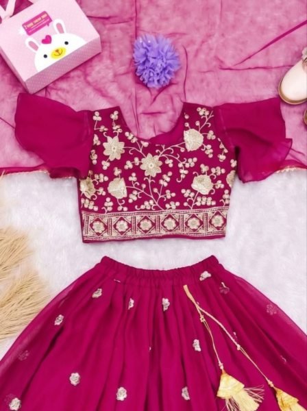 Rani Pink Girls Georgette Lehenga Choli with Embroidery and Bhungali Bits Work Girls Wear
