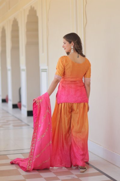  Rani Pink Glow Chinnon Sharara Suit Set with Floral Embroidery and Fancy Dupatta Ready To Wear Collection