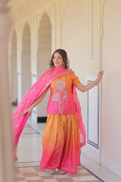  Rani Pink Glow Chinnon Sharara Suit Set with Floral Embroidery and Fancy Dupatta Ready To Wear Collection
