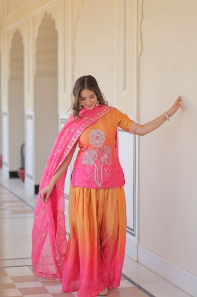  Rani Pink Glow Chinnon Sharara Suit Set with Floral Embroidery and Fancy Dupatta Ready To Wear Collection