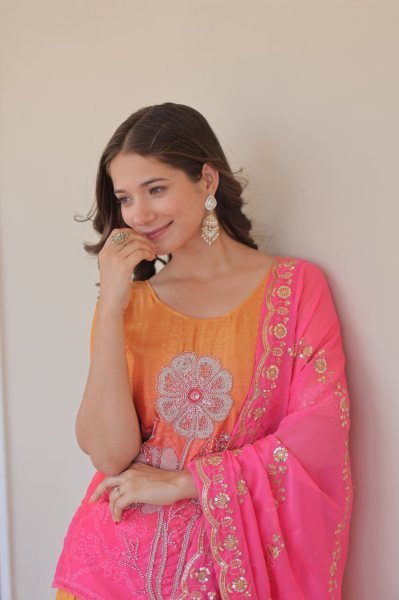  Rani Pink Glow Chinnon Sharara Suit Set with Floral Embroidery and Fancy Dupatta Ready To Wear Collection