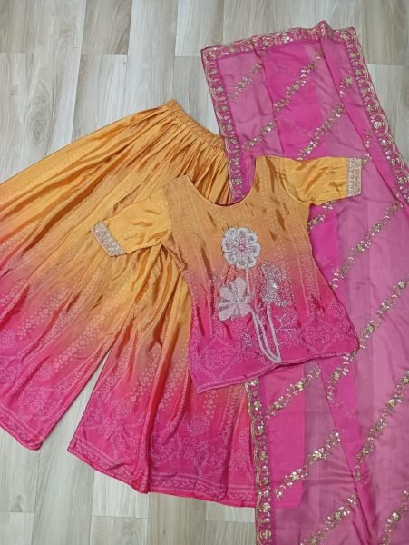  Rani Pink Glow Chinnon Sharara Suit Set with Floral Embroidery and Fancy Dupatta Ready To Wear Collection