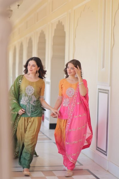  Rani Pink Glow Chinnon Sharara Suit Set with Floral Embroidery and Fancy Dupatta Ready To Wear Collection